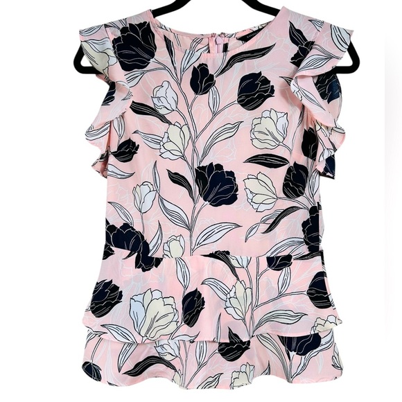 Banana Republic peplum short sleeve blouse, Size 2, ruffle sleeves, Pink Floral - Picture 1 of 6